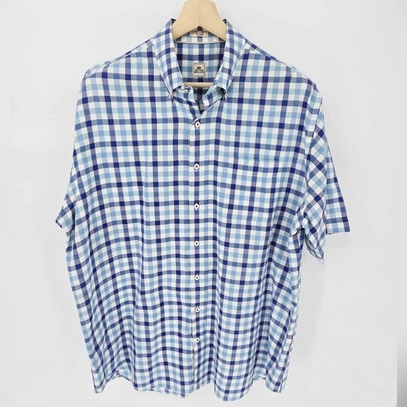 Peter Millar Short Sleeve Button Down Shirt Blue Plaid Stripes Size XL - Picture 1 of 11
